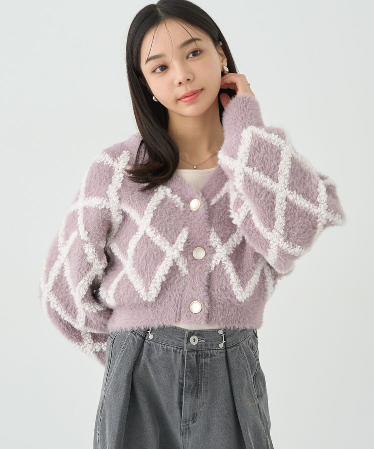 earth music&ecology「シャギーダイヤ柄ショートニットカーディガン」|カーディガン|Pink
