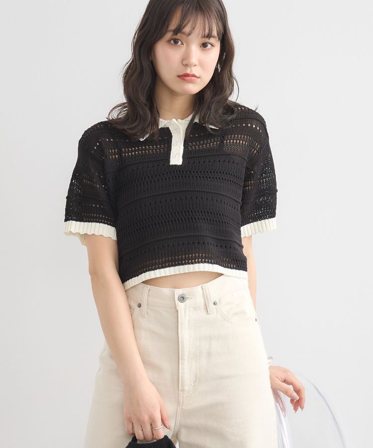 earth music&ecology「キラキラボタン透かしニットポロ」|ニット・セーター|