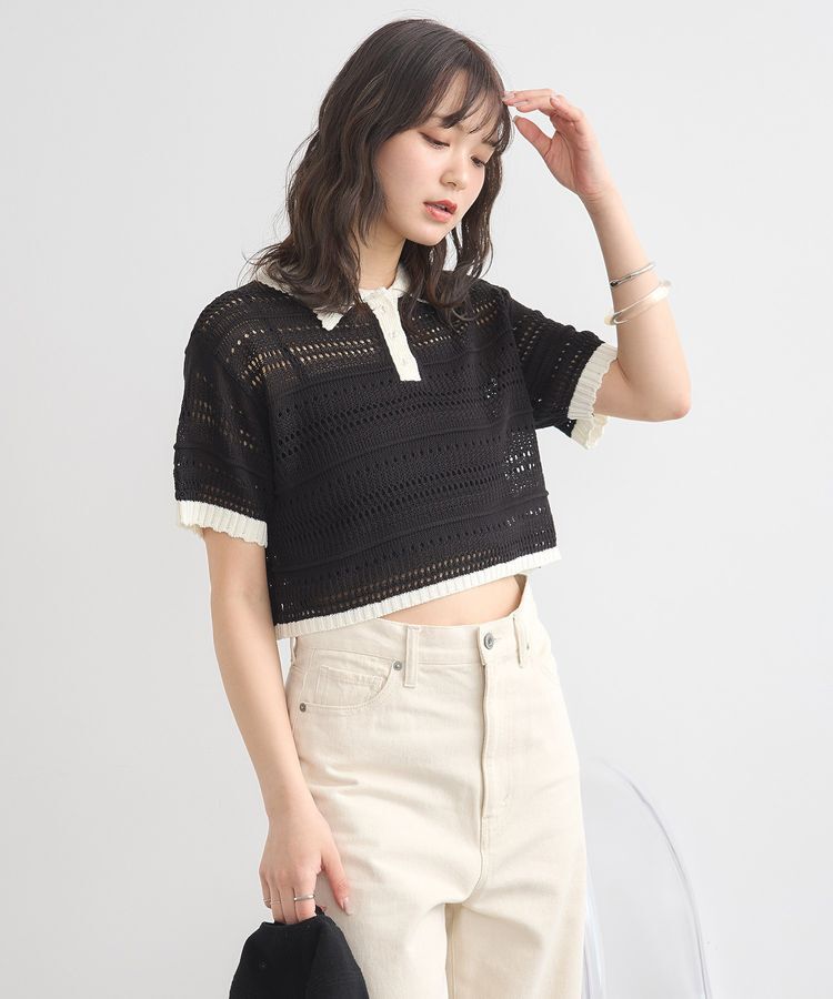 earth music&ecology「キラキラボタン透かしニットポロ」|ニット・セーター|