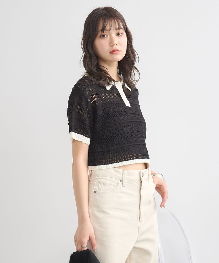 earth music&ecology「キラキラボタン透かしニットポロ」|ニット・セーター|
