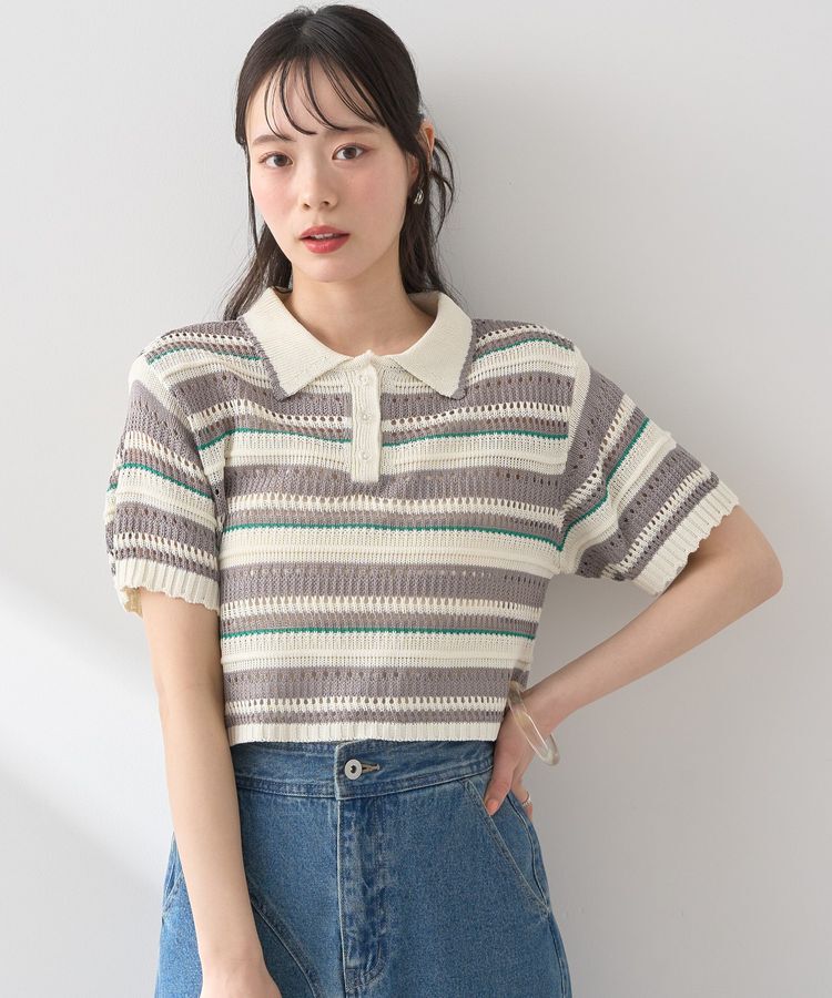 earth music&ecology「キラキラボタン透かしニットポロ」|ニット・セーター|ボーダーグレー