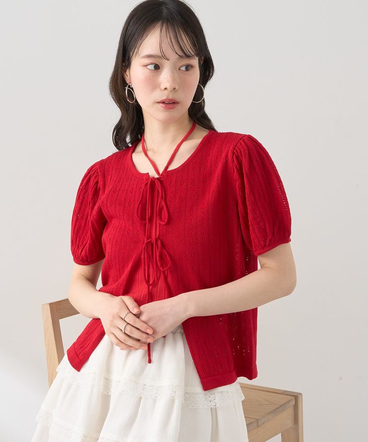 earth music&ecology「透かし編みフロントリボンカーディガン」|カーディガン|Red