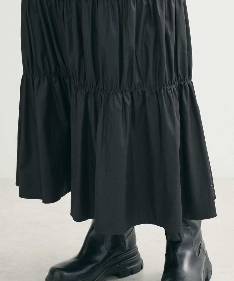 Green Parks「チンツ加工シャーリングスカート」|フレア|