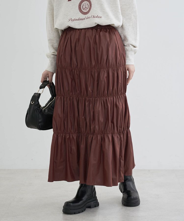 Green Parks「チンツ加工シャーリングスカート」|フレア|Bordeaux