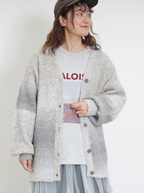 Samansa Mos2「グラデーションブークレミドル丈Vネックカーディガン」|カーディガン|グレー