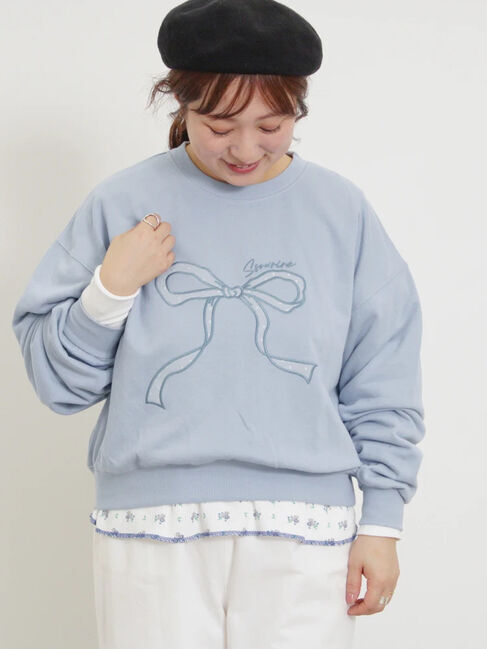 Samansa Mos2「リボン&ロゴチュールアップリケ刺繍スウェット」|Tシャツ・カットソー|ブルー