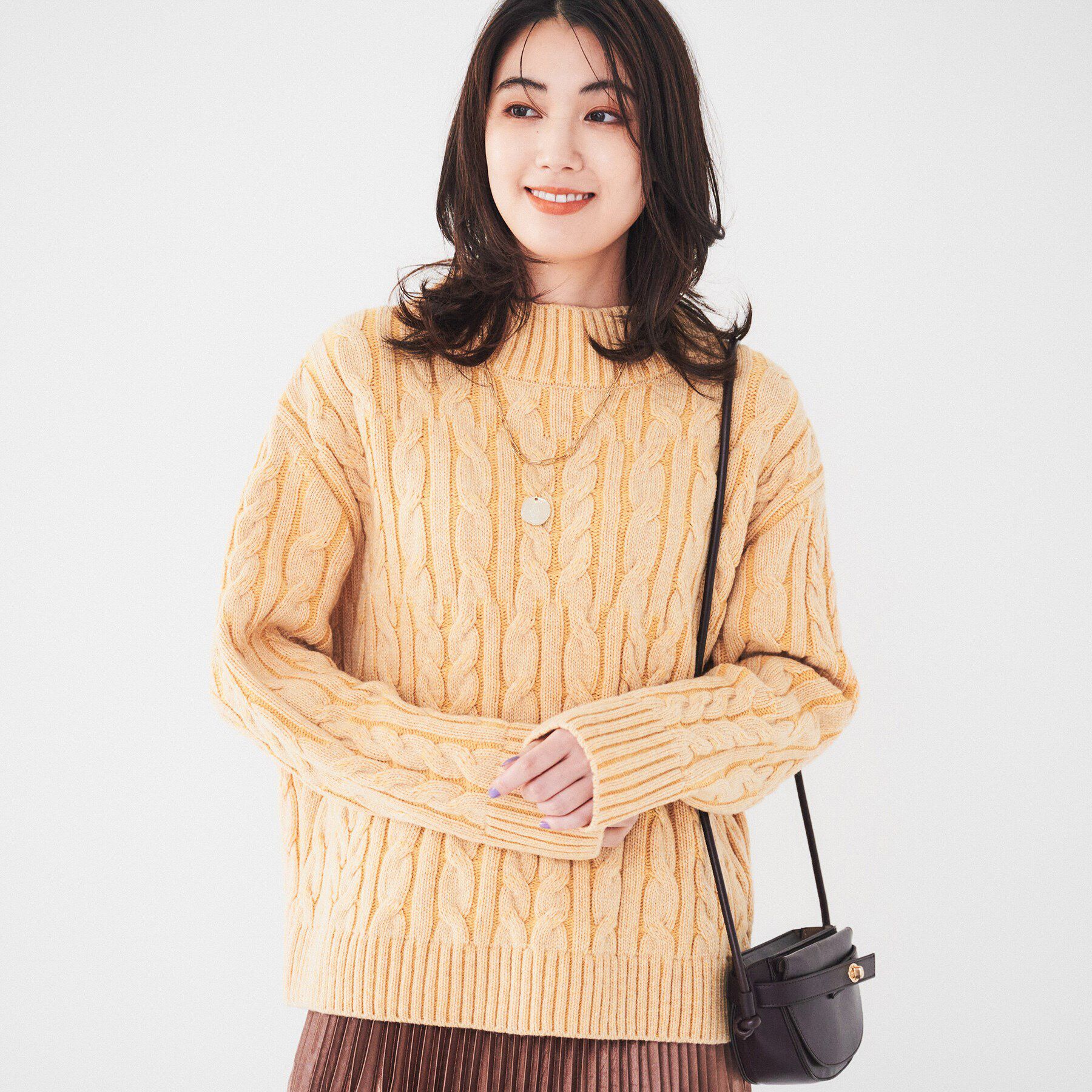 UNTITLED「【日本製/すっきり丈/トラッド】ラムウール ケーブルニット」|ニット・セーター|イエロー(032)