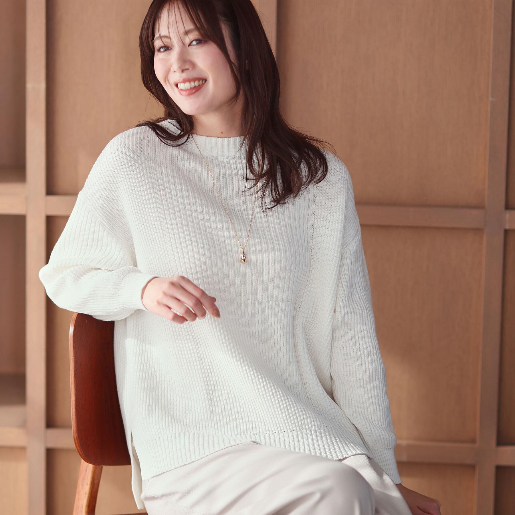 Reflect「【腰回りカバー／長め丈】モックネックニットプルオーバー」|ニット・セーター|オフホワイト(003