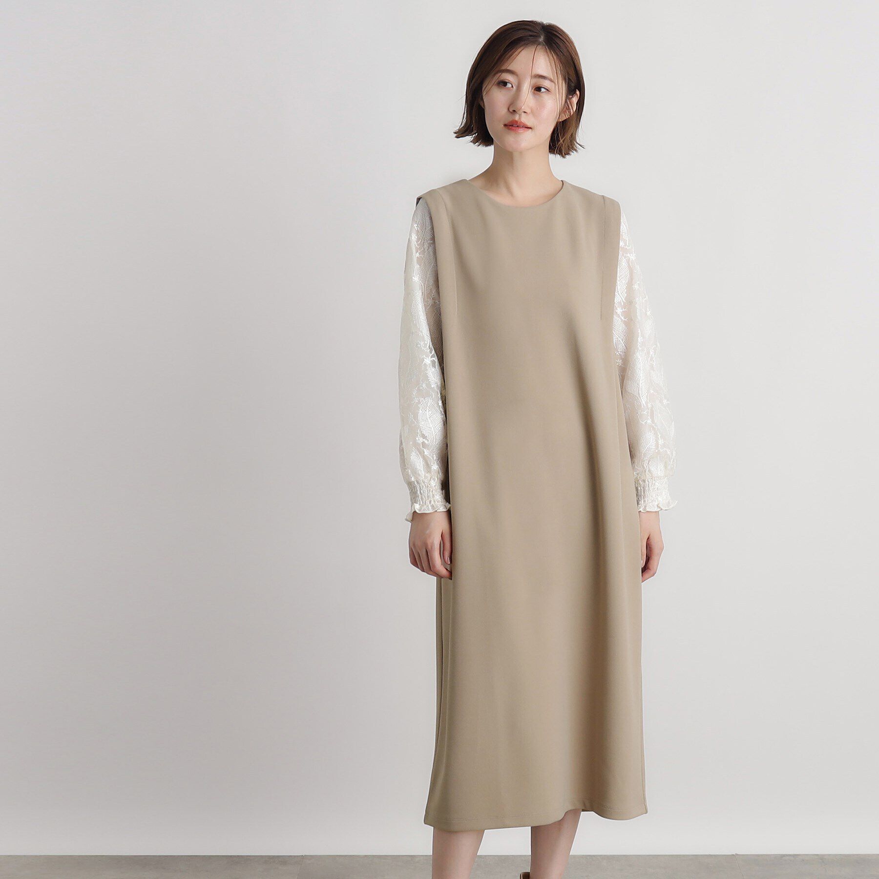 grove「袖スパンコールチュールコンビワンピース」|ワンピース|ライトベージュ(05