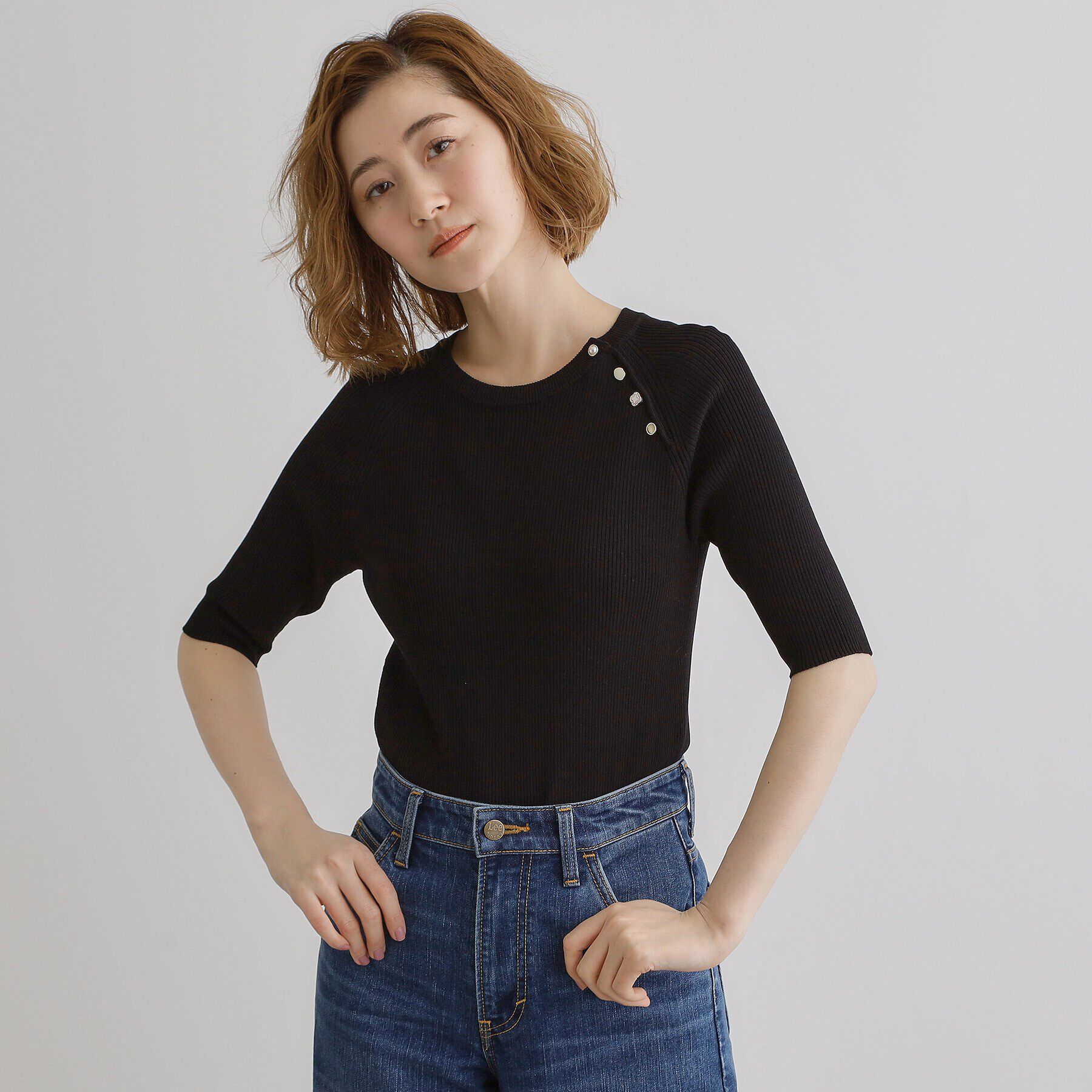 grove「【雑誌掲載】多釦ラグランリブ5分袖プルオーバー」|ニット・セーター|