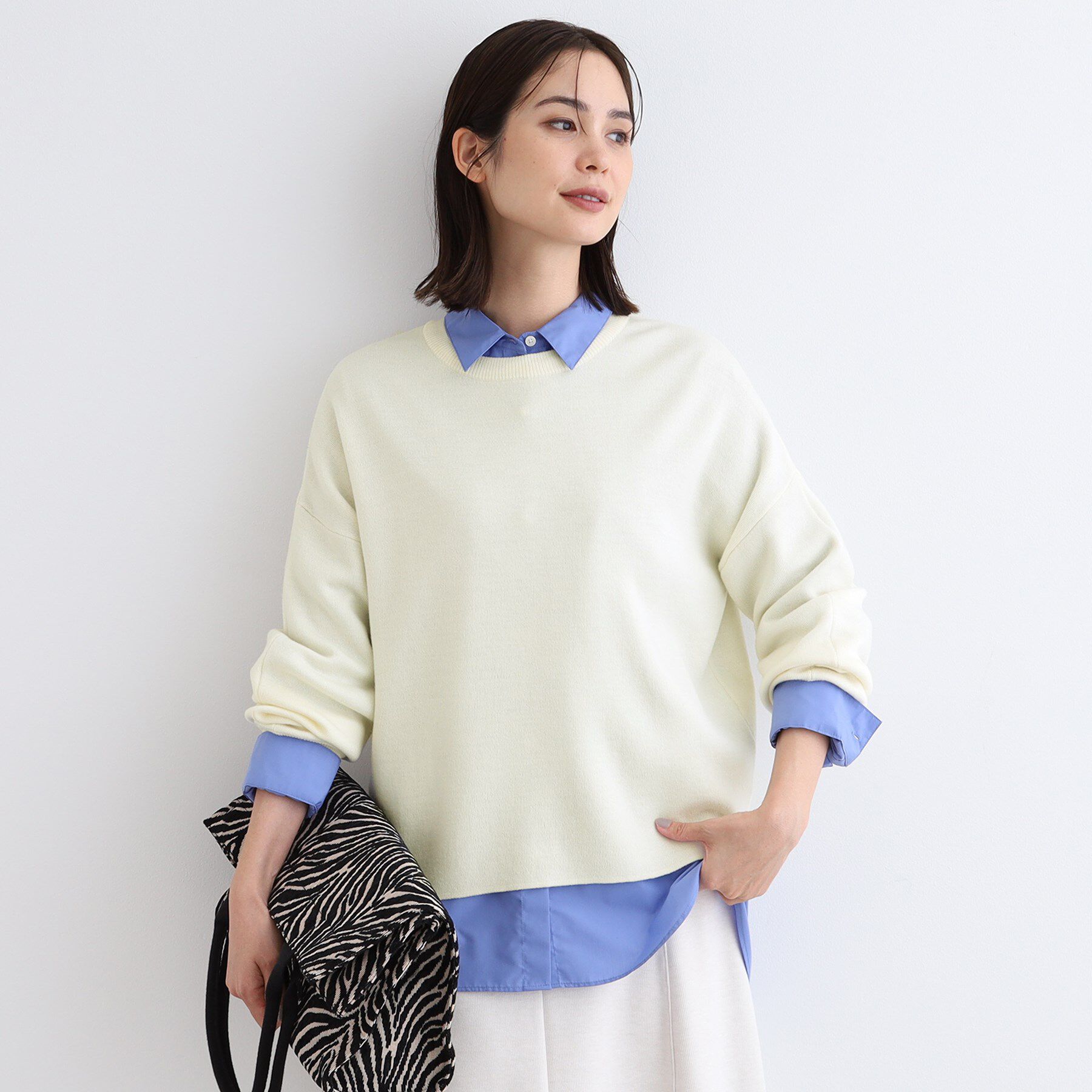 INDIVI「【ウール混／洗える】スウェットライク スムースニット」|ニット・セーター|オフホワイト(003