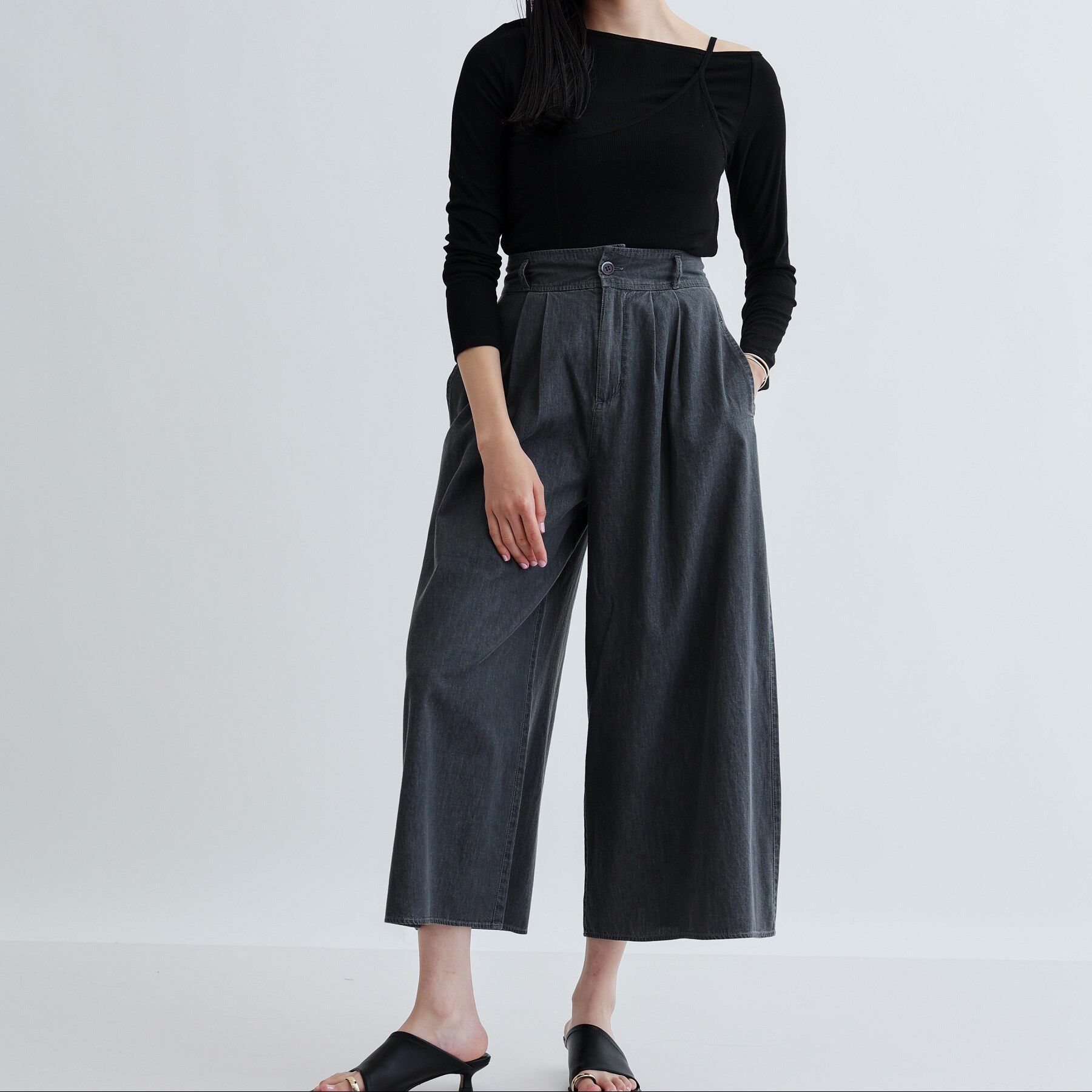 GALLEST「【セットアップ可能】ダンガリータックフレアパンツ」|その他|チャコールグレー(0