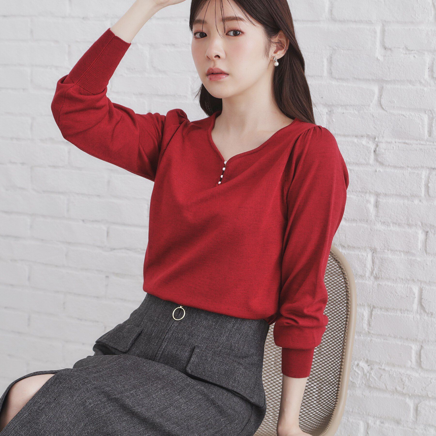 index「《5color/XS-LLsize》パール調デザインハートネックニット【洗濯機洗い可】」|ニット・セーター|ボルドー(064)