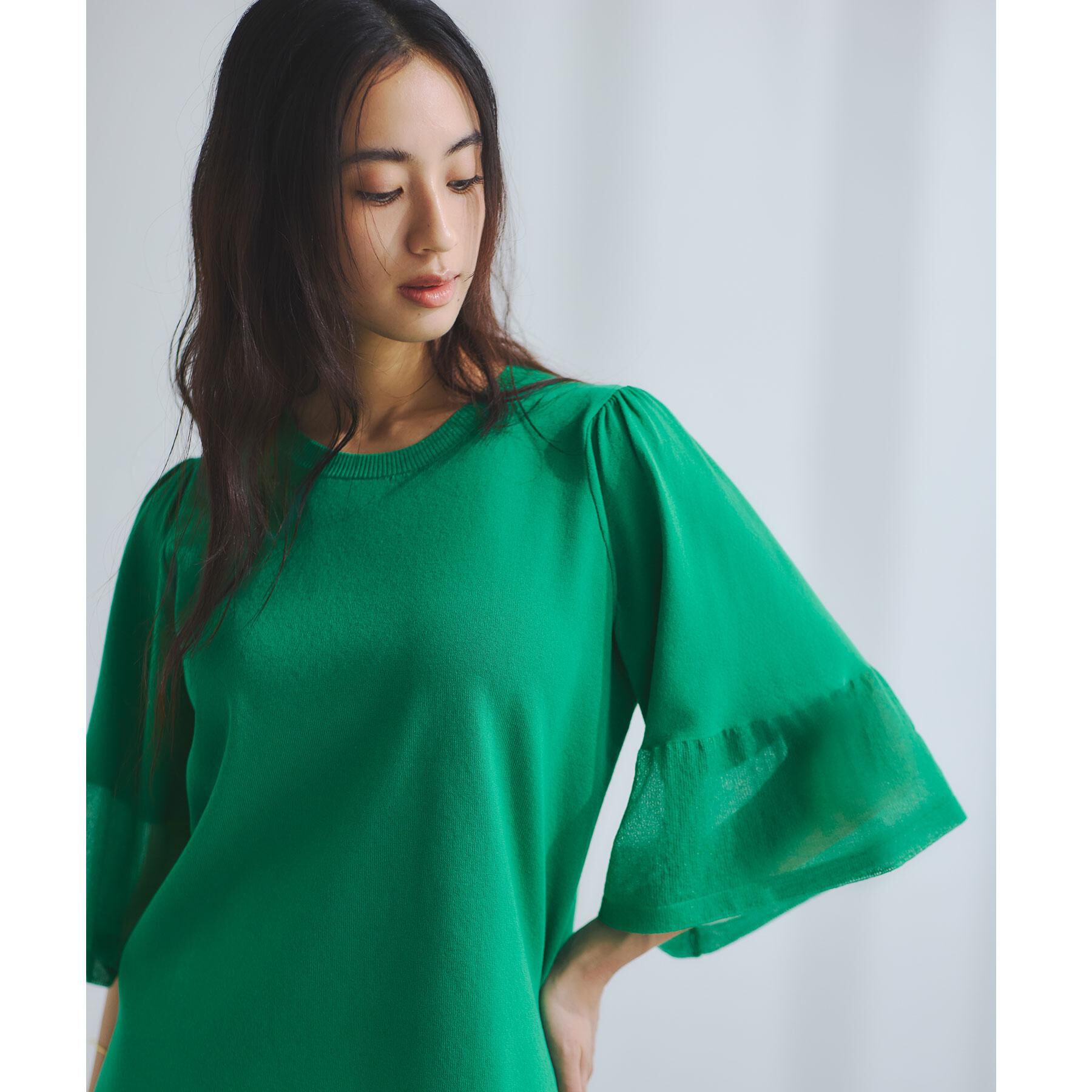 OPAQUE.CLIP「《5色展開》シアーフレアスリーブニット【洗濯機洗い可】」|ニット・セーター|グリーン(022)