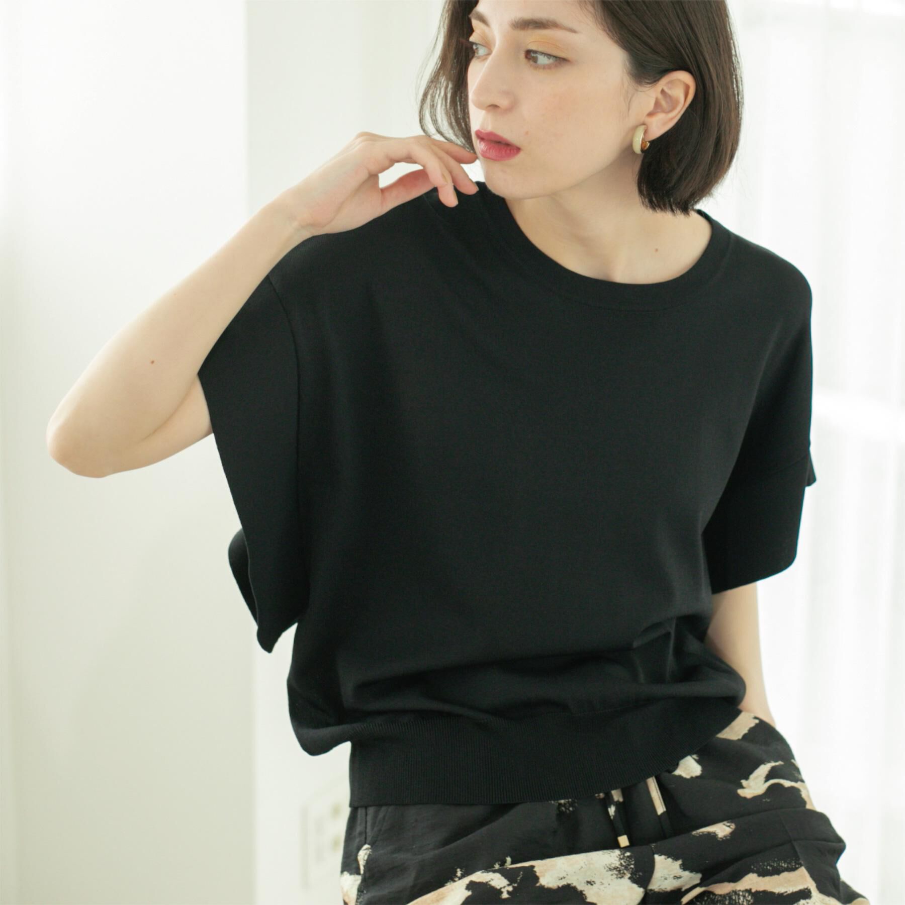 OPAQUE.CLIP「フリルスリーブニット【UVケア/接触冷感/洗濯機洗い可/抗ピル】」|ニット・セーター|ブラック(019)