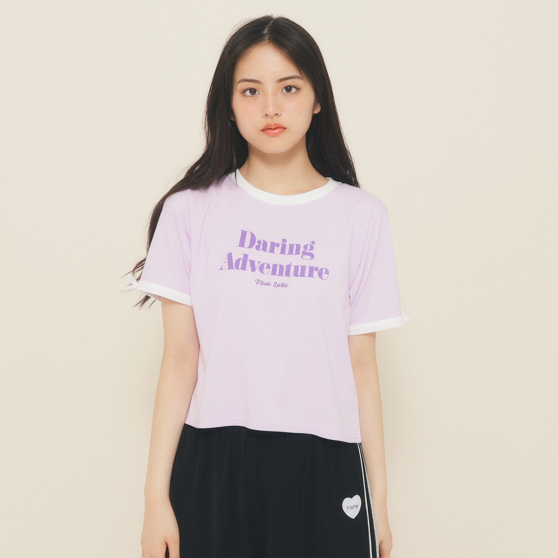PINK-latte「【130cmあり】フロントロゴ袖リボンリンガーTシャツ」|Tシャツ・カットソー|パープル(081)