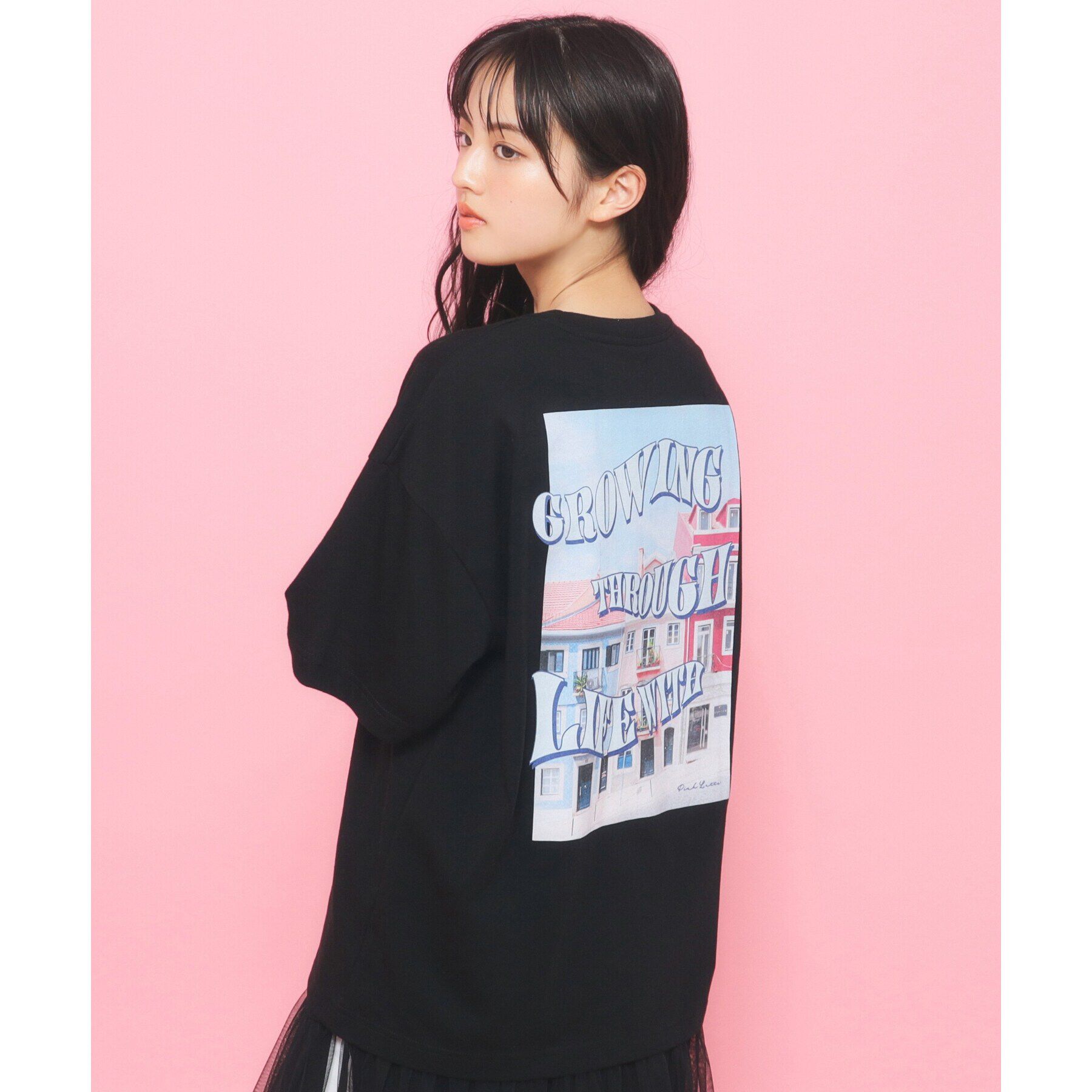 PINK-latte「【130cmあり】バックフォトプリントTシャツ」|Tシャツ・カットソー|ブラック(019)