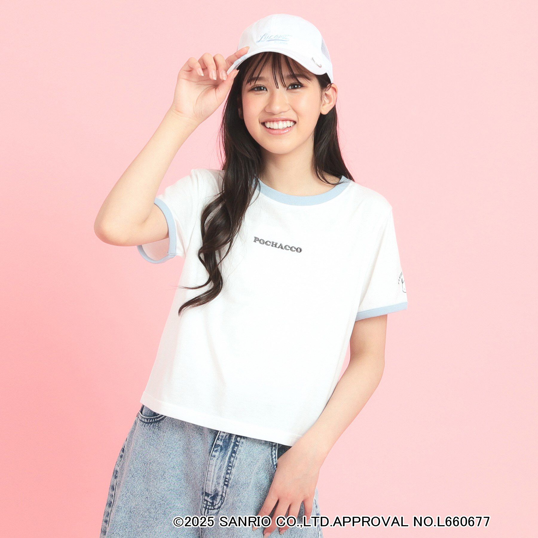 PINK-latte「【サンリオキャラクターズコラボ】リンガーTシャツ」|Tシャツ・カットソー|ブルー(091)