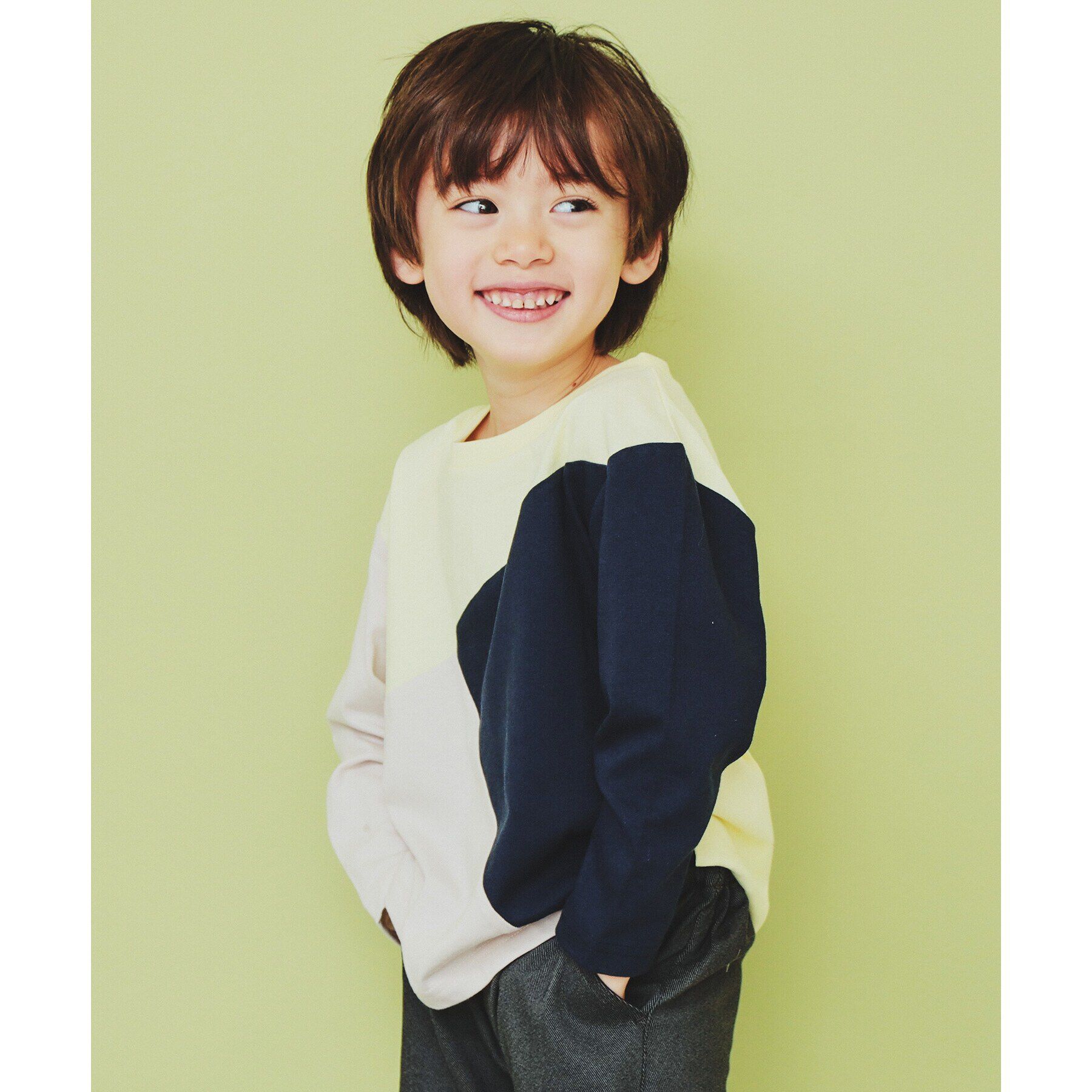 THE SHOP TK「【100-150】斜めブロッキング長袖Tシャツ/洗濯機OK」|Tシャツ・カットソー|