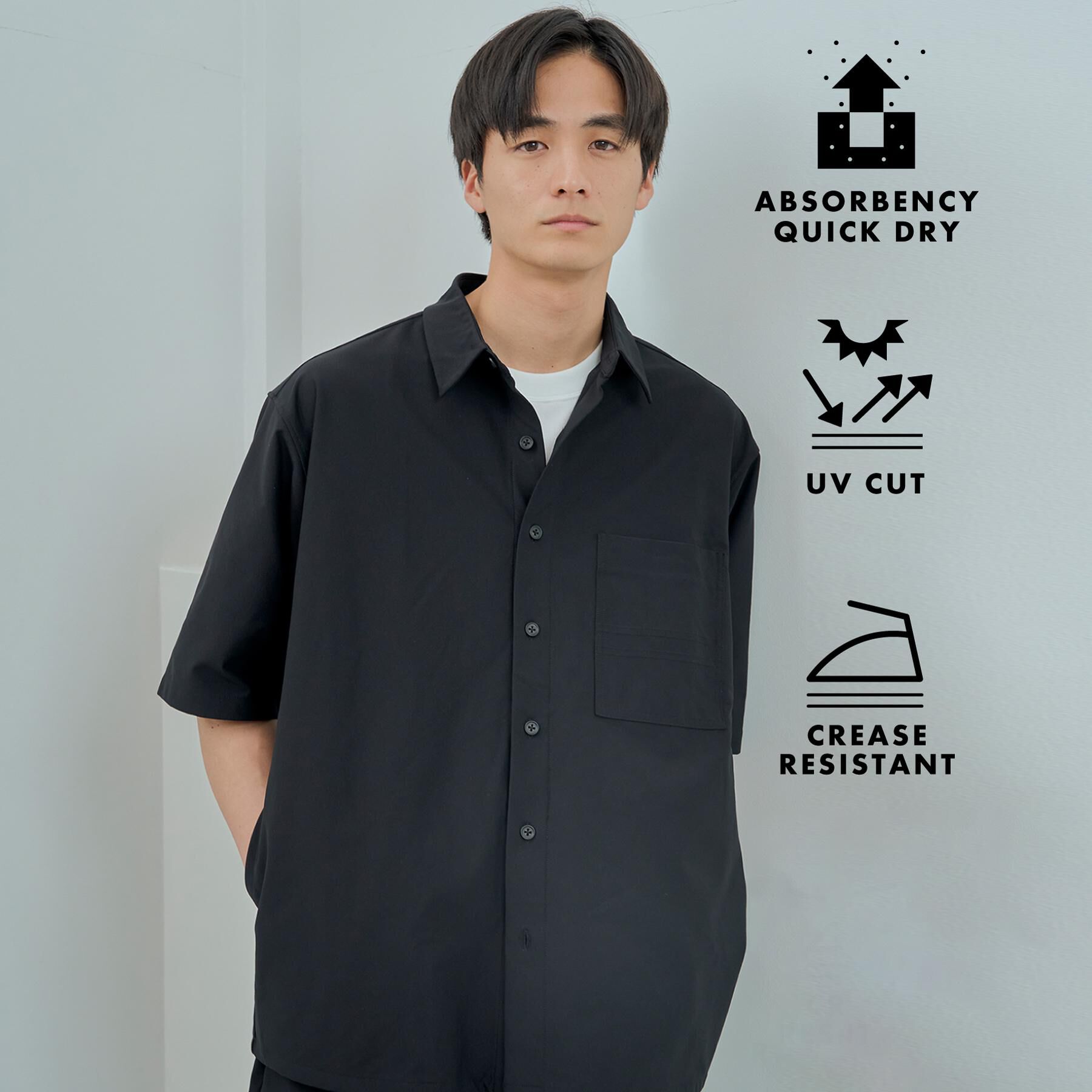 THE SHOP TK「パーフェクテックツイル5分袖シャツ【セットアップ可/吸水速乾/UVカット/アンチピリング】」|シャツ・ブラウス|ブラック(019)