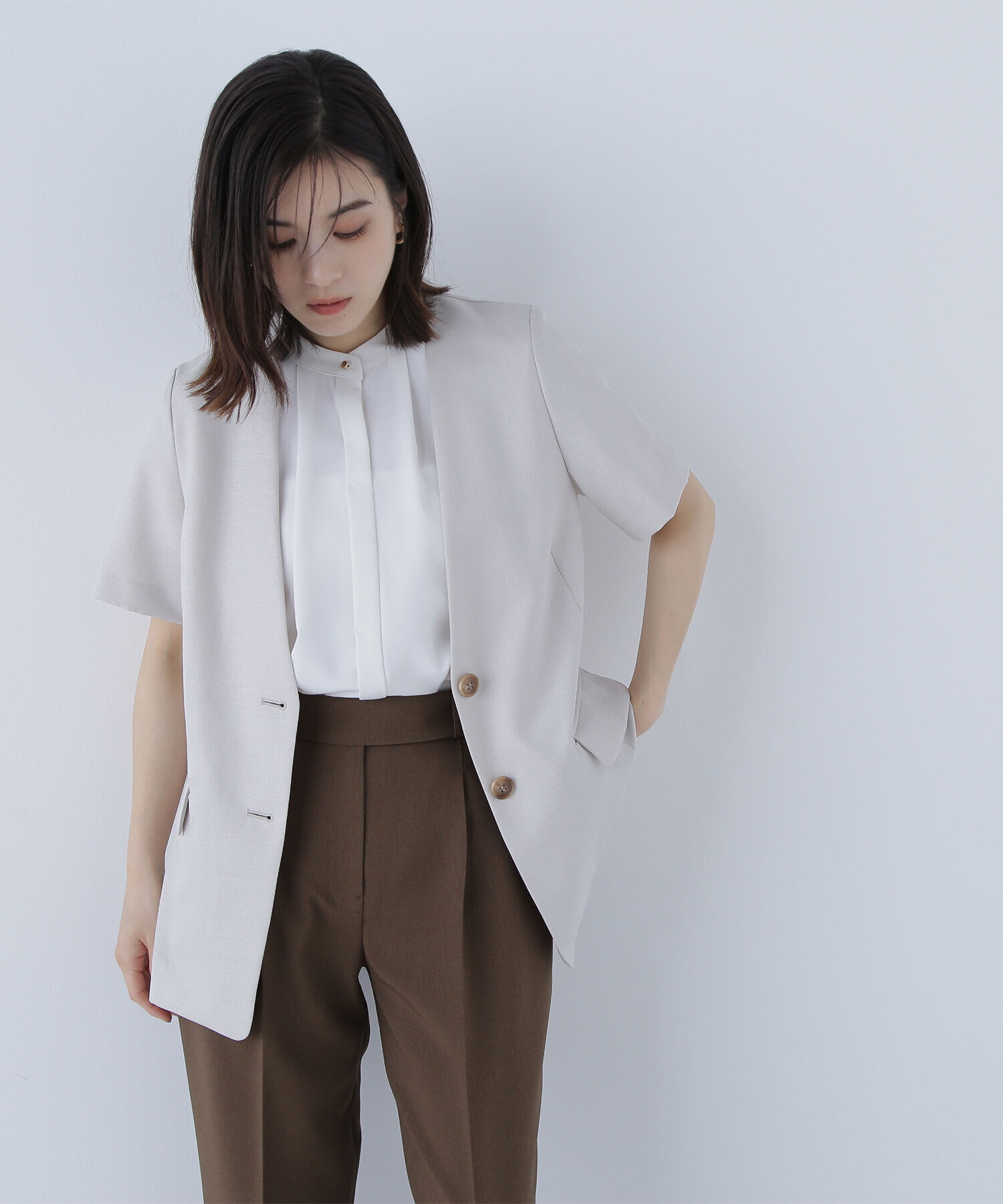  「リネンライクツイルシリーズ ハーフスリーブジャケット」|ブルゾン・スタジャン|オフベージュ