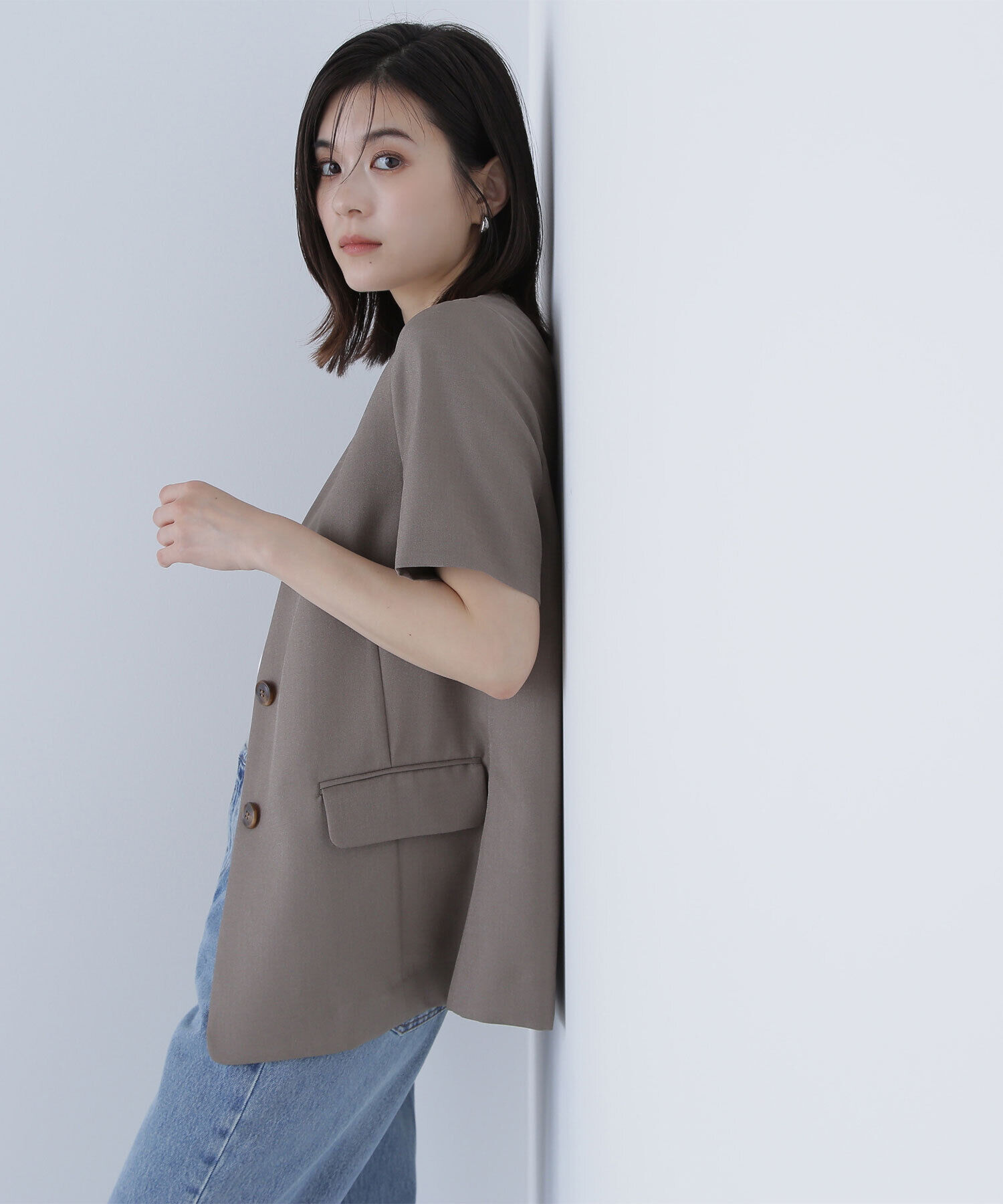  「リネンライクツイルシリーズ ハーフスリーブジャケット」|ブルゾン・スタジャン|モカ