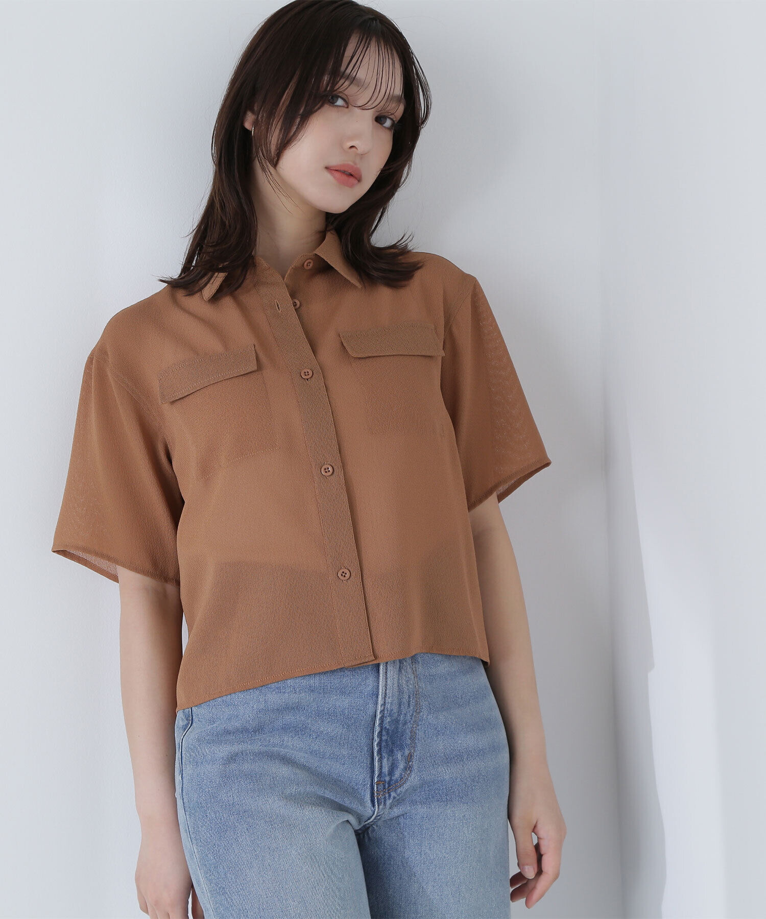  「ダブルポケットメッシュシャツ」|シャツ・ブラウス|キャメル1