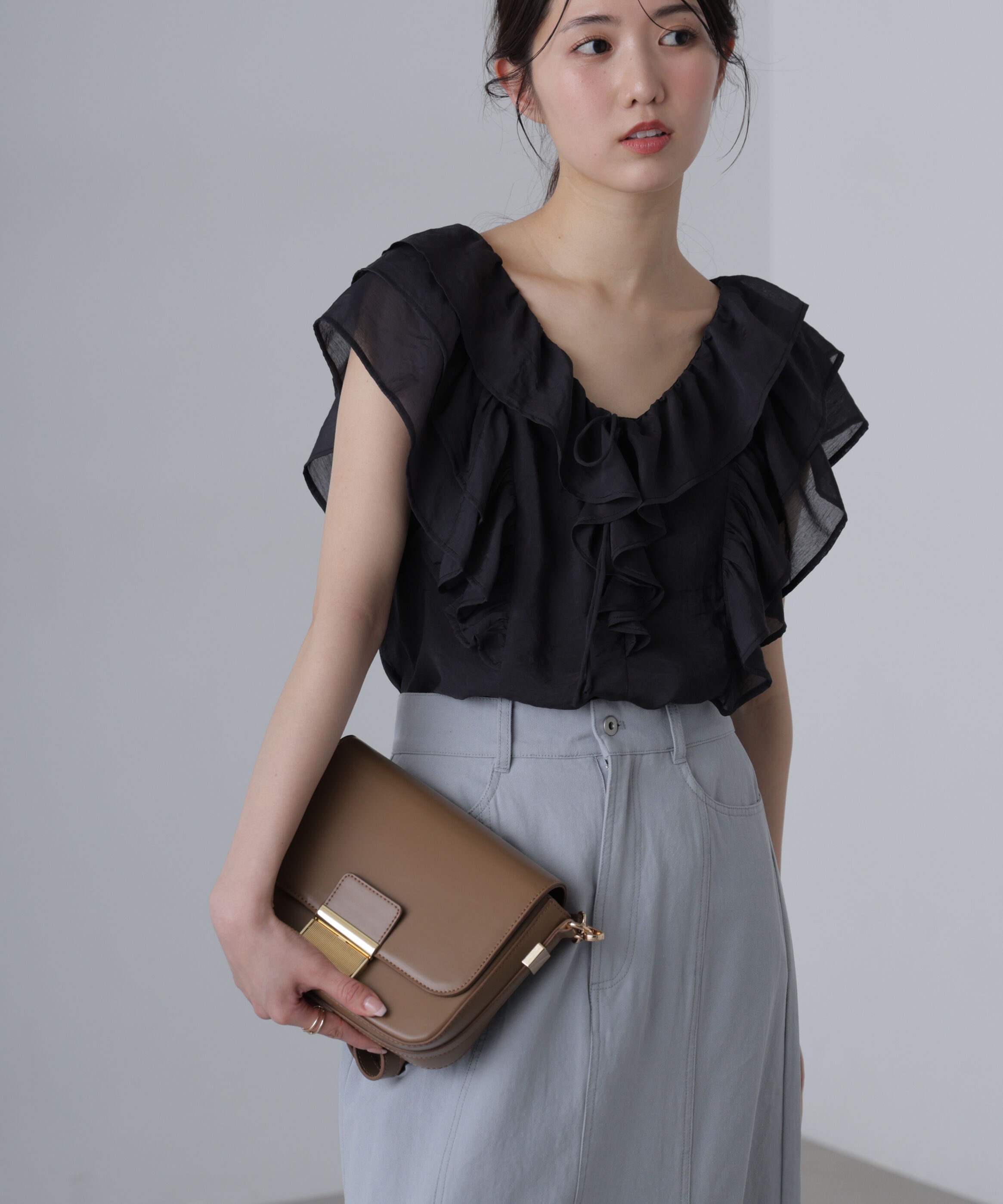  「フリルフレンチブラウス」|シャツ・ブラウス|ブラック