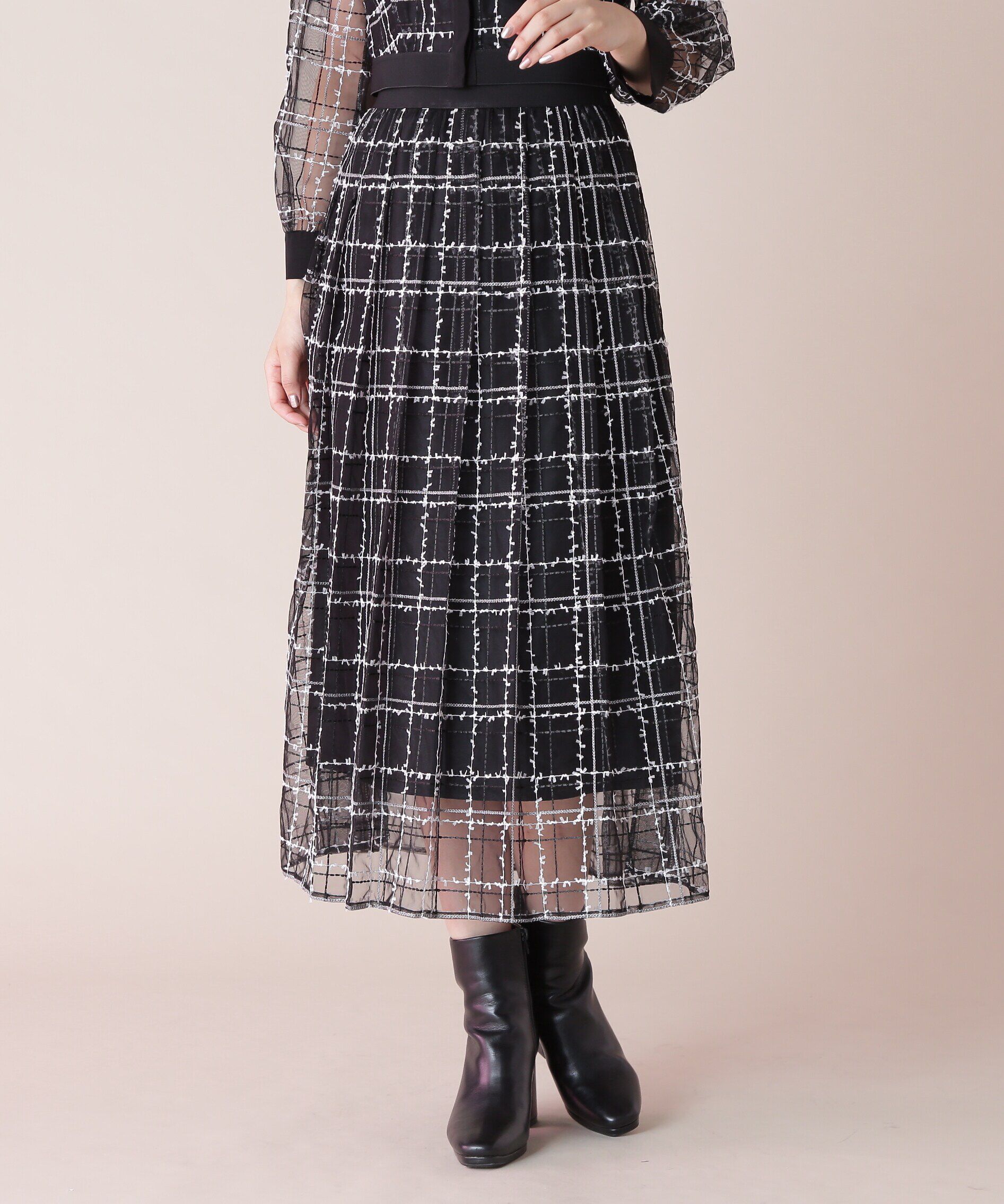  「シアーチェックタックスカート」|スカート|ブラック