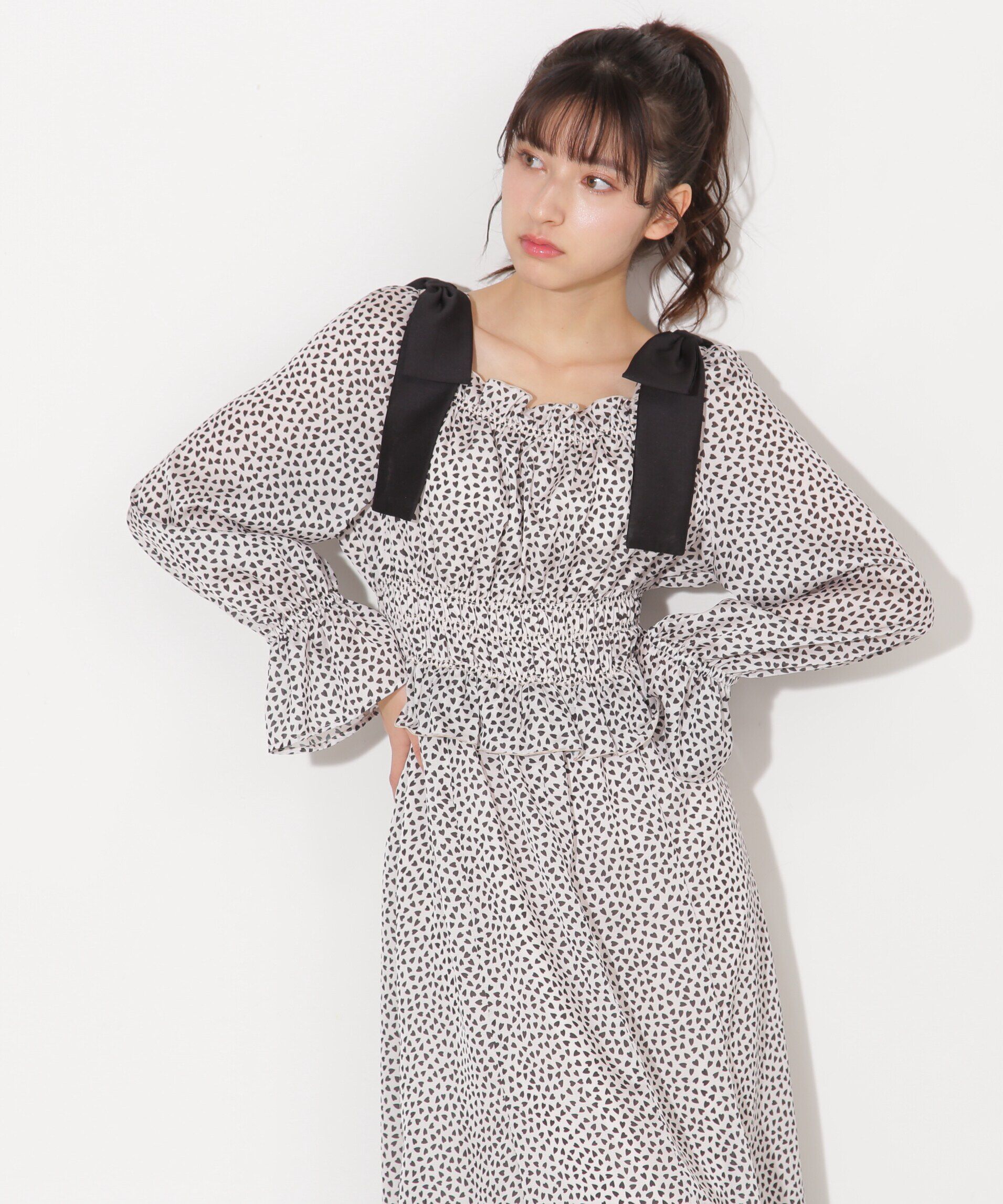  「ハートプリントシャーリングワンピース」|ワンピース|