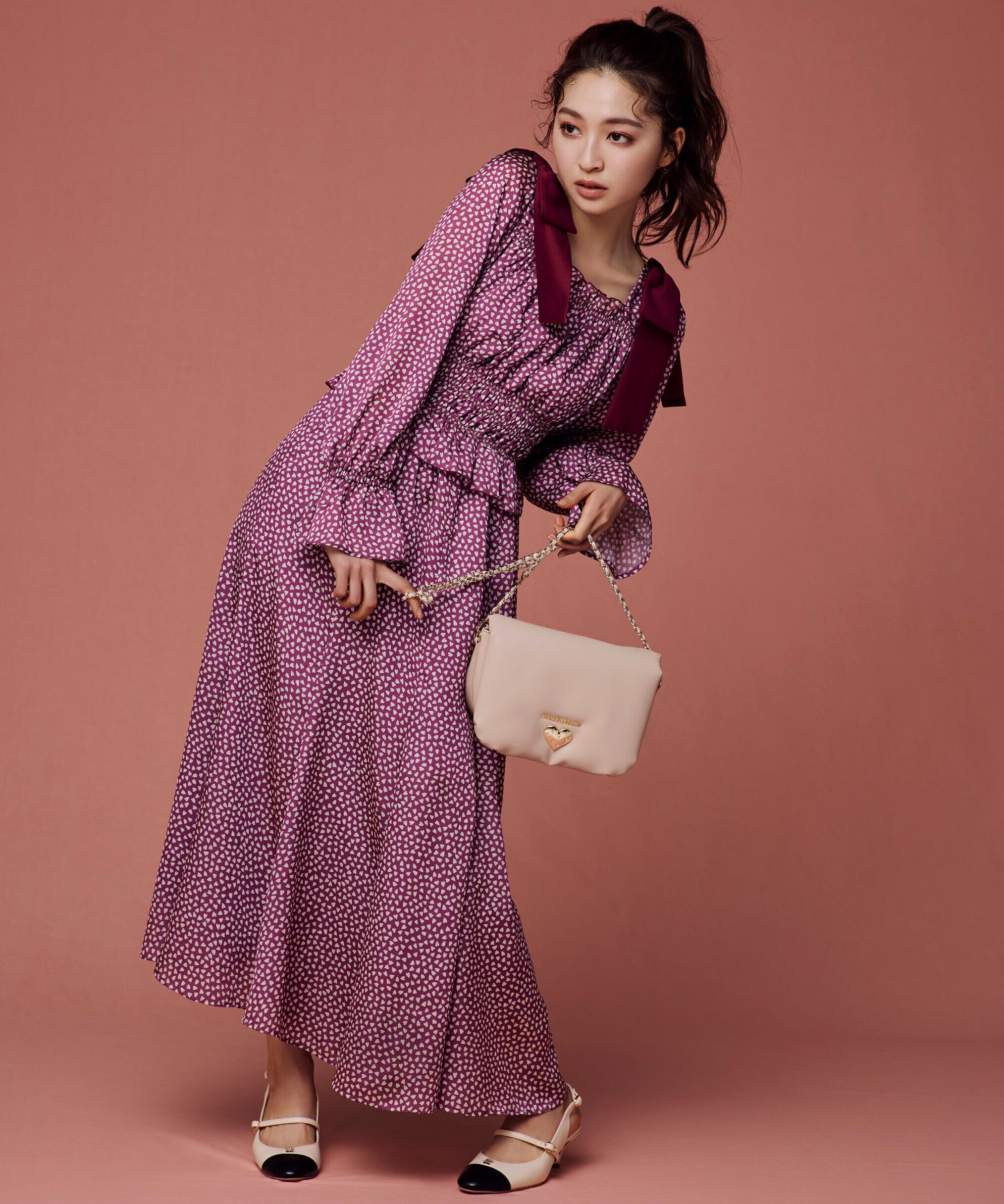  「ハートプリントシャーリングワンピース」|ワンピース|ボルドー