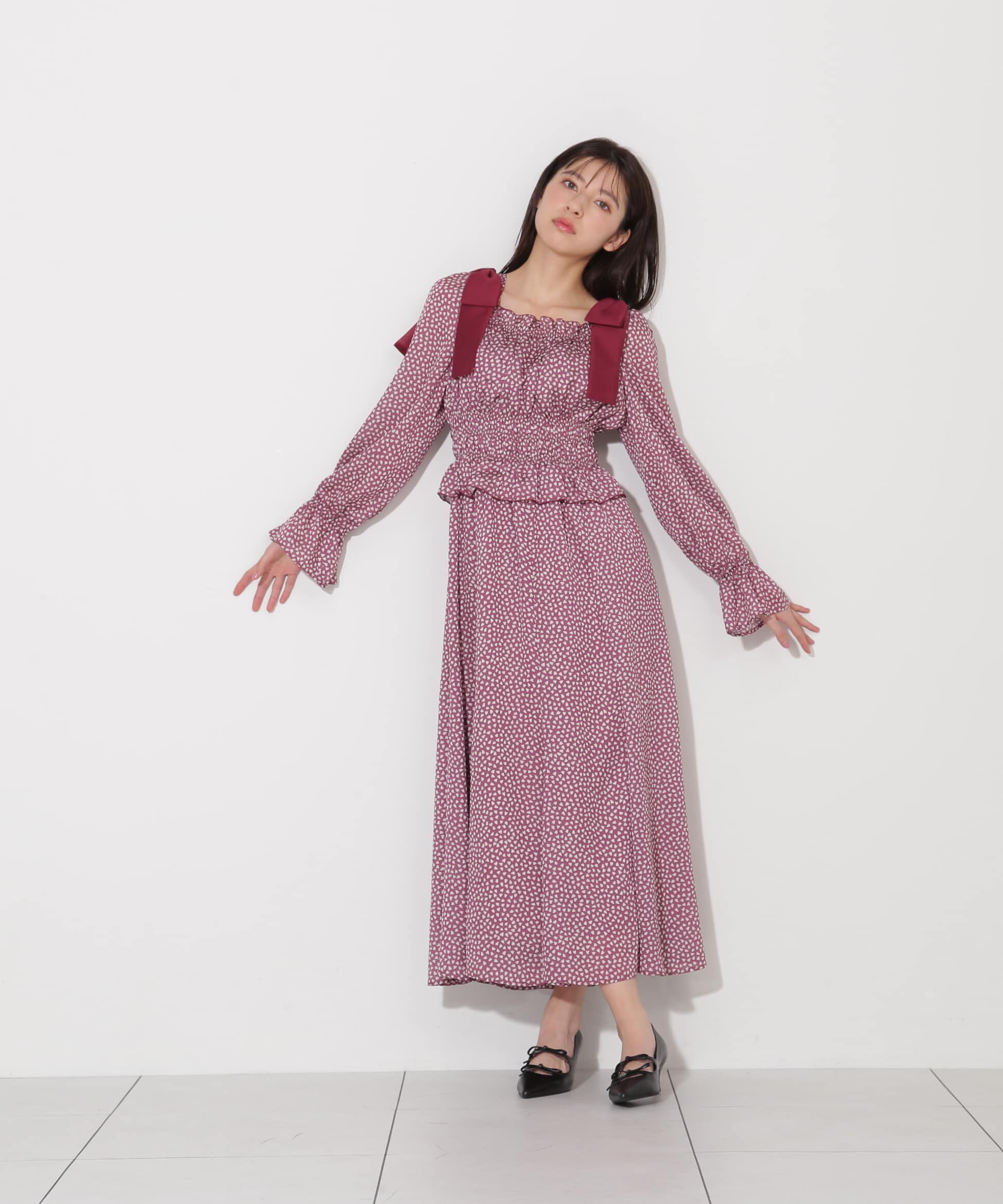  「ハートプリントシャーリングワンピース」|ワンピース|