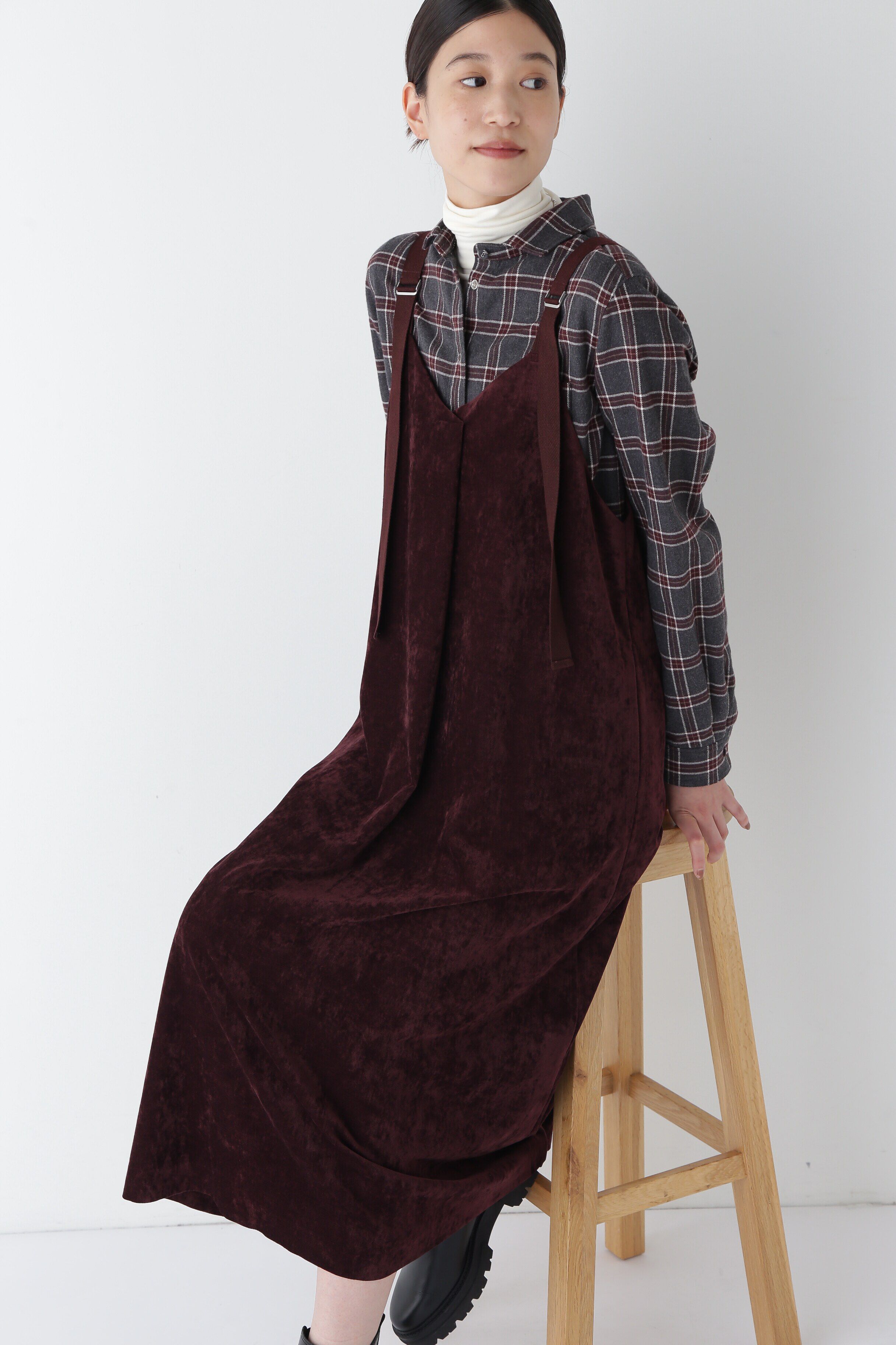  「◆ストレッチ別珍キャミワンピース」|ワンピース|ボルドー