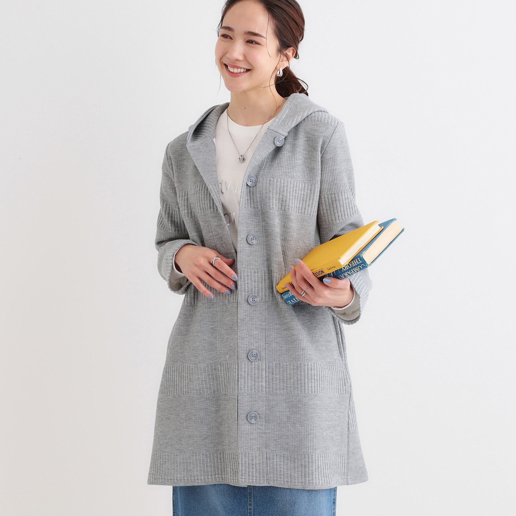 SHOO･LA･RUE「【S-LL】体型をカバーしながらスマートに魅せる ラインジャカードコーディガン」|カーディガン|ライトグレー(011