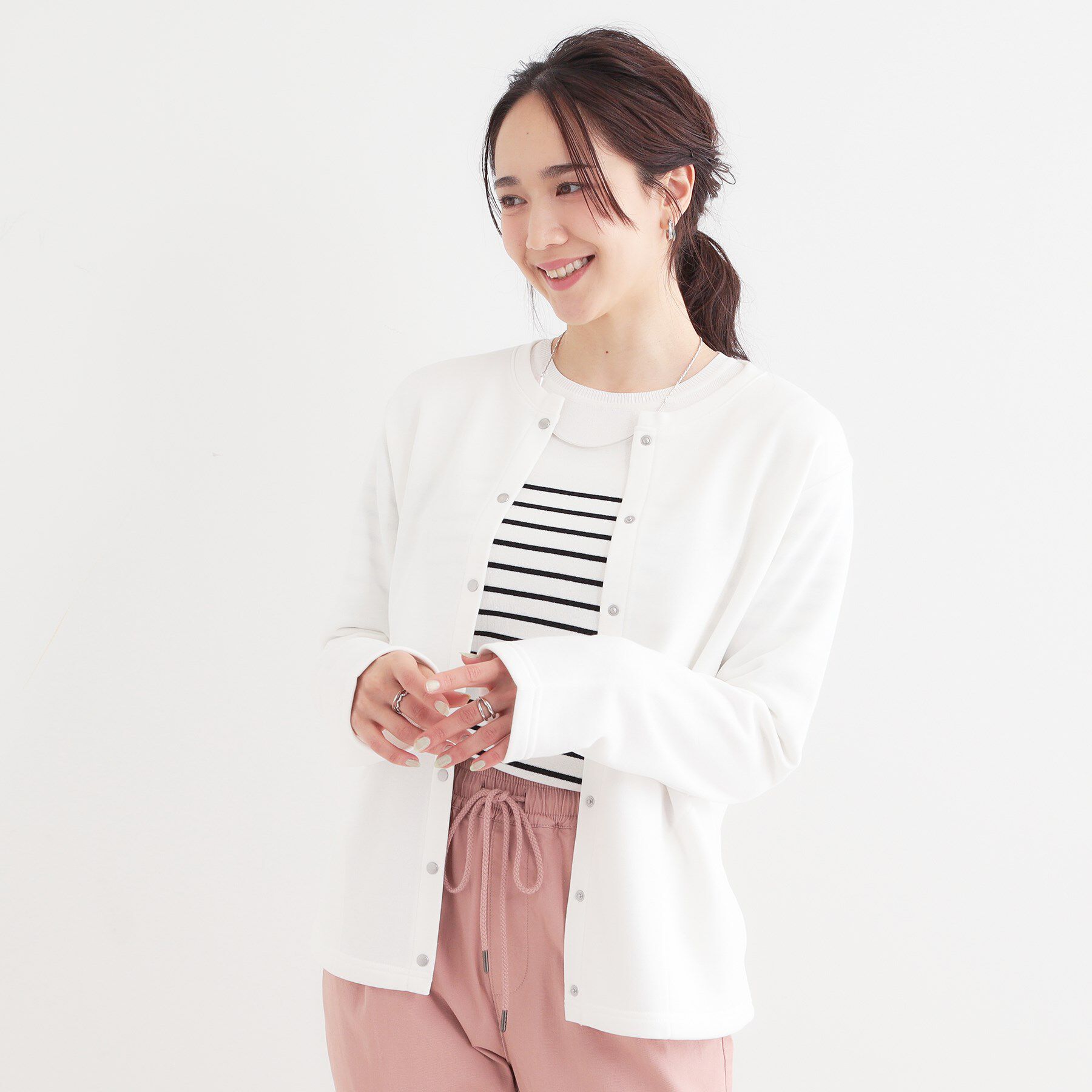 SHOO･LA･RUE「【洗える/S-LL】大人カジュアルコーデに ミニ裏毛スナップカーディガン」|カーディガン|