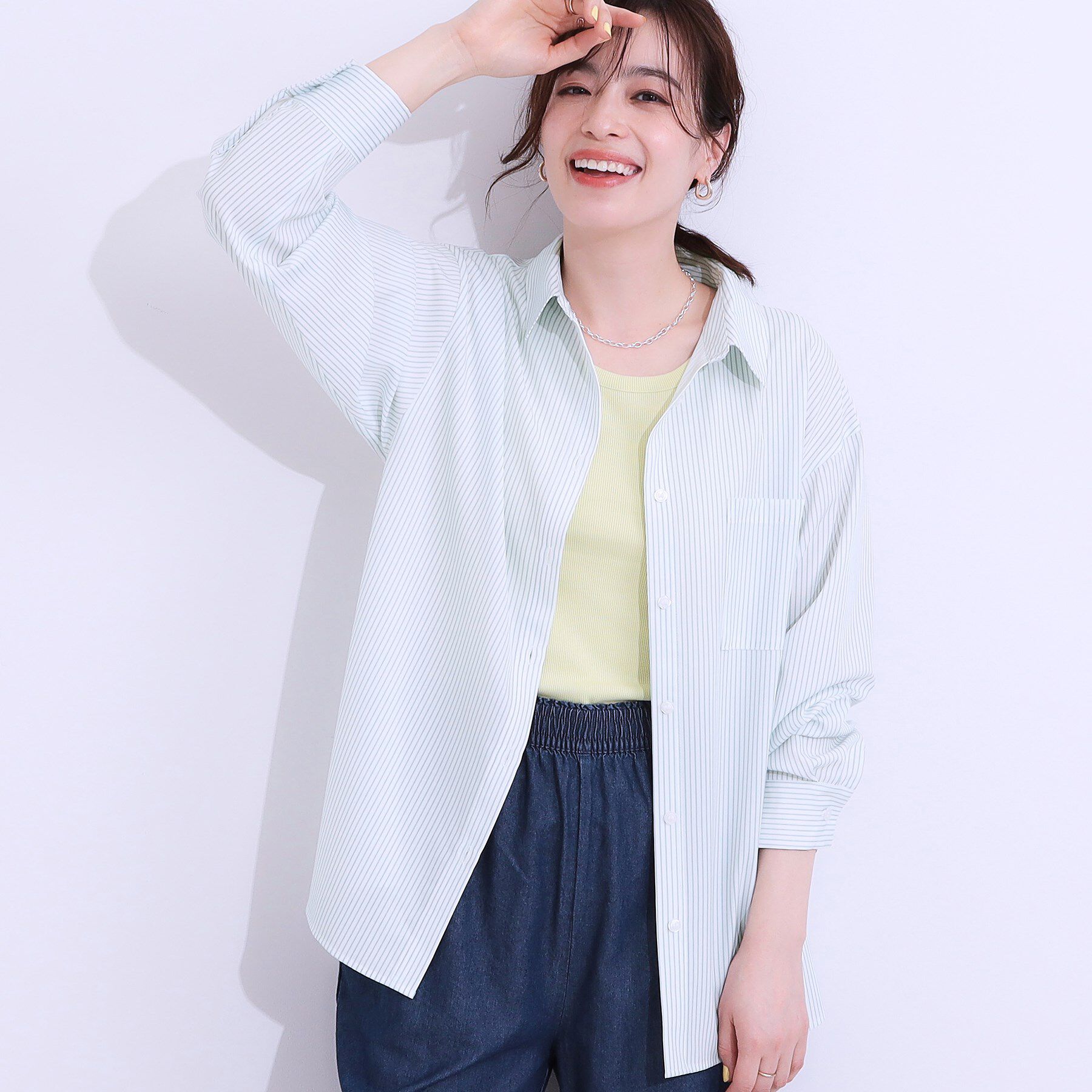 SHOO･LA･RUE「【ひんやり/UV/吸水速乾/洗濯後しわになりにくい】ラッシュガードにもなる ストライプ前開きシャツ」|シャツ・ブラウス|ミントグリーン(32