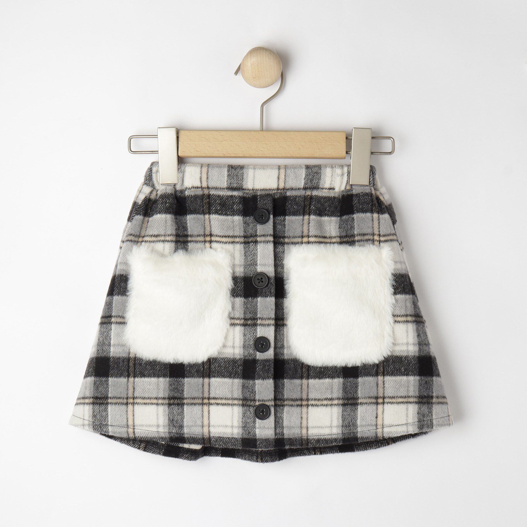 SHOO･LA･RUE「【100-150cm】フェイクファーポケットチェック台形スカート」|スカート|ブラック(219)
