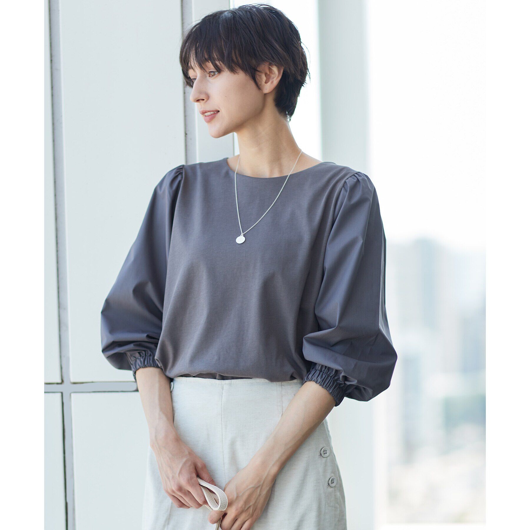 Dessin「【洗える】バルーンスリーブカットソージャージ」|Tシャツ・カットソー|チャコールグレー(0