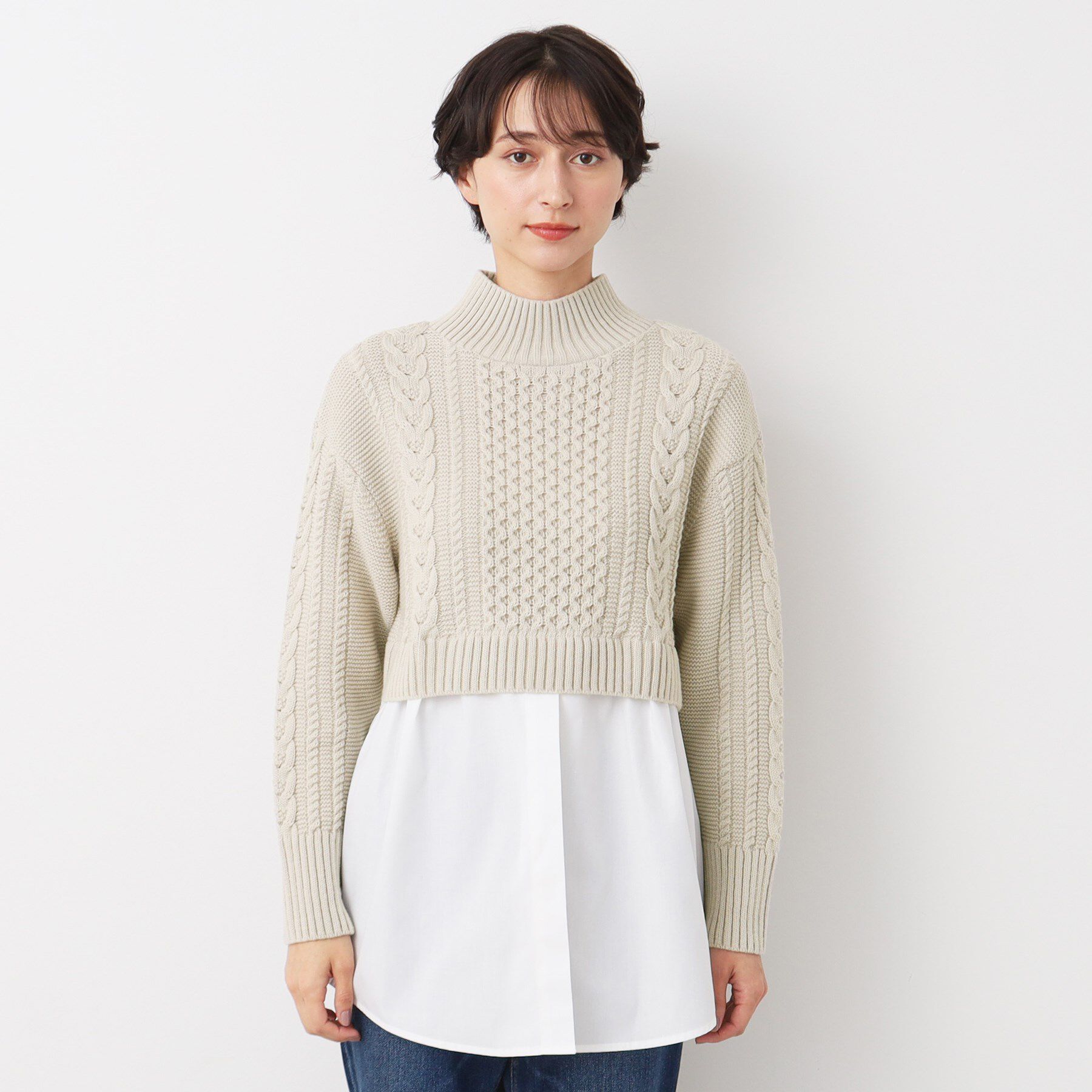 Dessin「【洗える】シャツ付きレイヤードケーブルニット」|ニット・セーター|