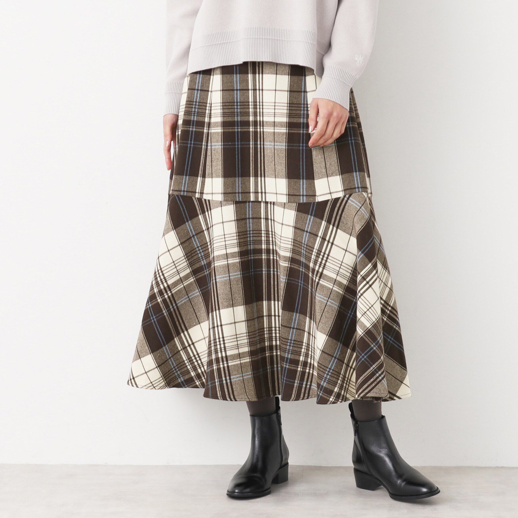 Dessin「【後ろゴム・洗える】起毛チェック柄切り替えフレアスカート（XS～L）」|スカート|ブルー(291)