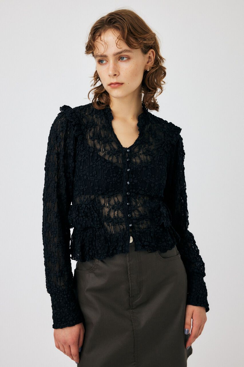 MOUSSY「RUFFLE LACY CUT ブラウス」|Tシャツ・カットソー|BLK