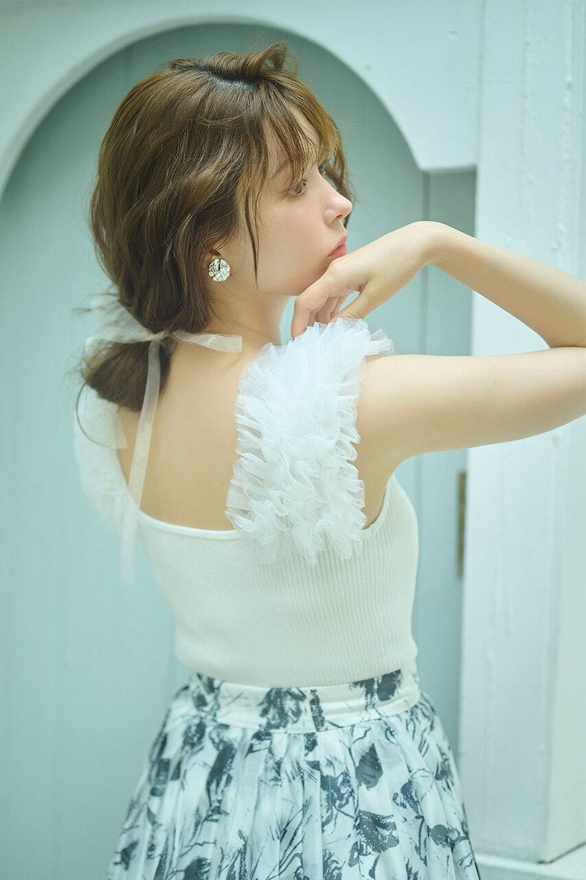 rienda「ショルダーチュールコンビKnit TOP」|タンクトップ|WHT