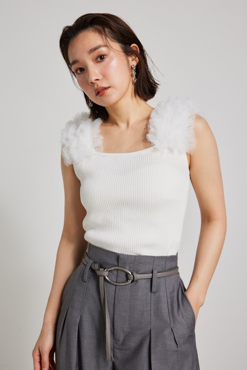 rienda「ショルダーチュールコンビKnit TOP」|タンクトップ|
