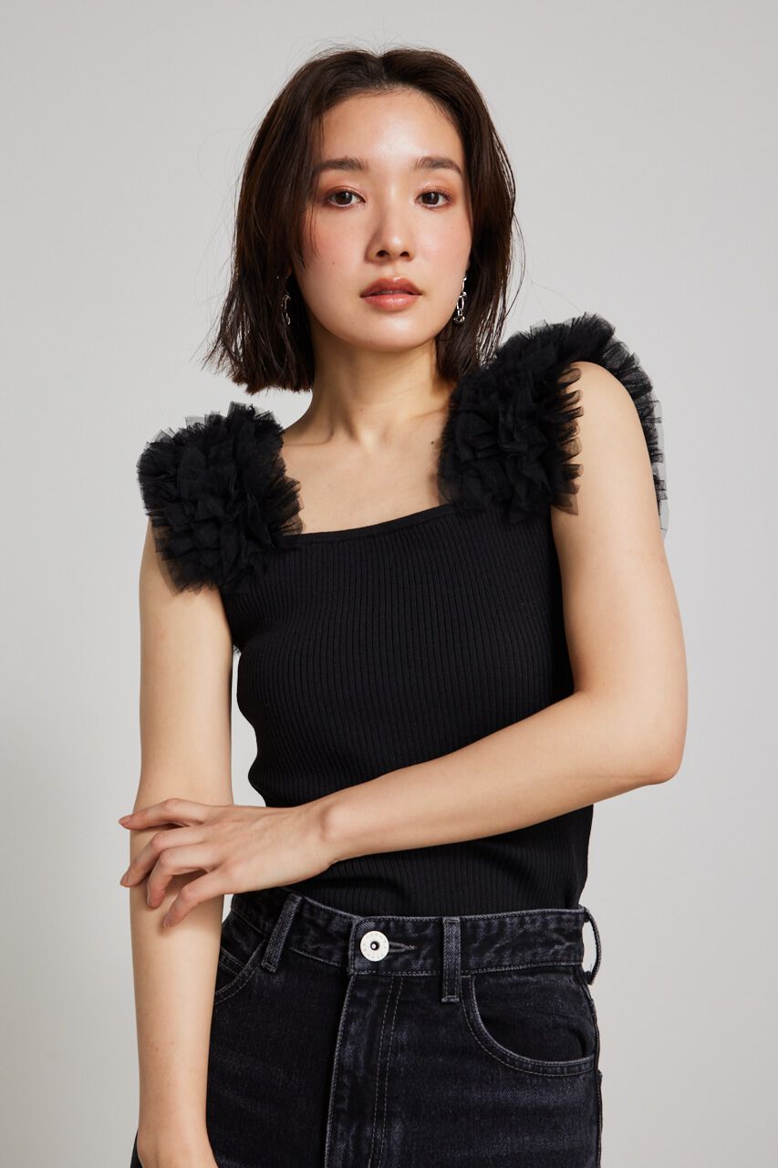 rienda「ショルダーチュールコンビKnit TOP」|タンクトップ|BLK