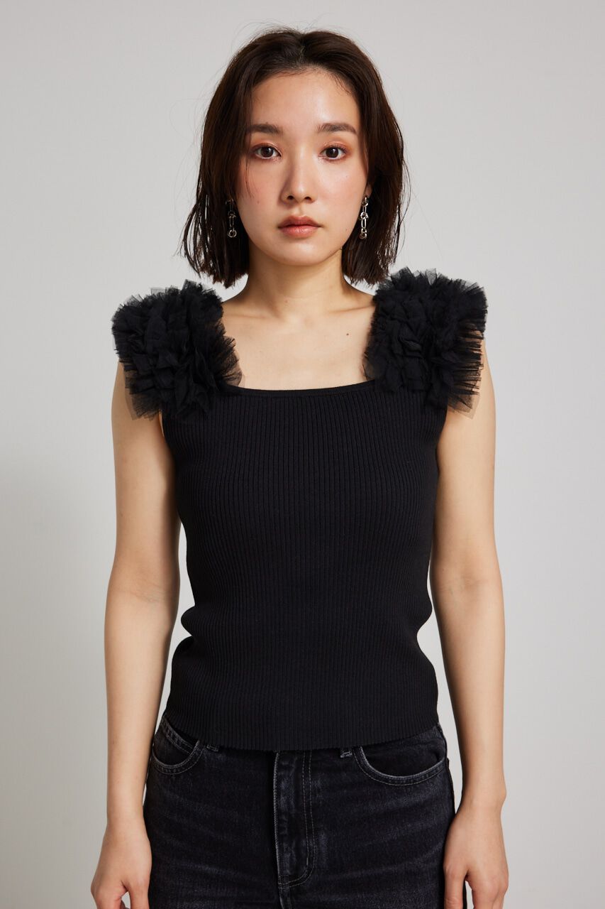 rienda「ショルダーチュールコンビKnit TOP」|タンクトップ|