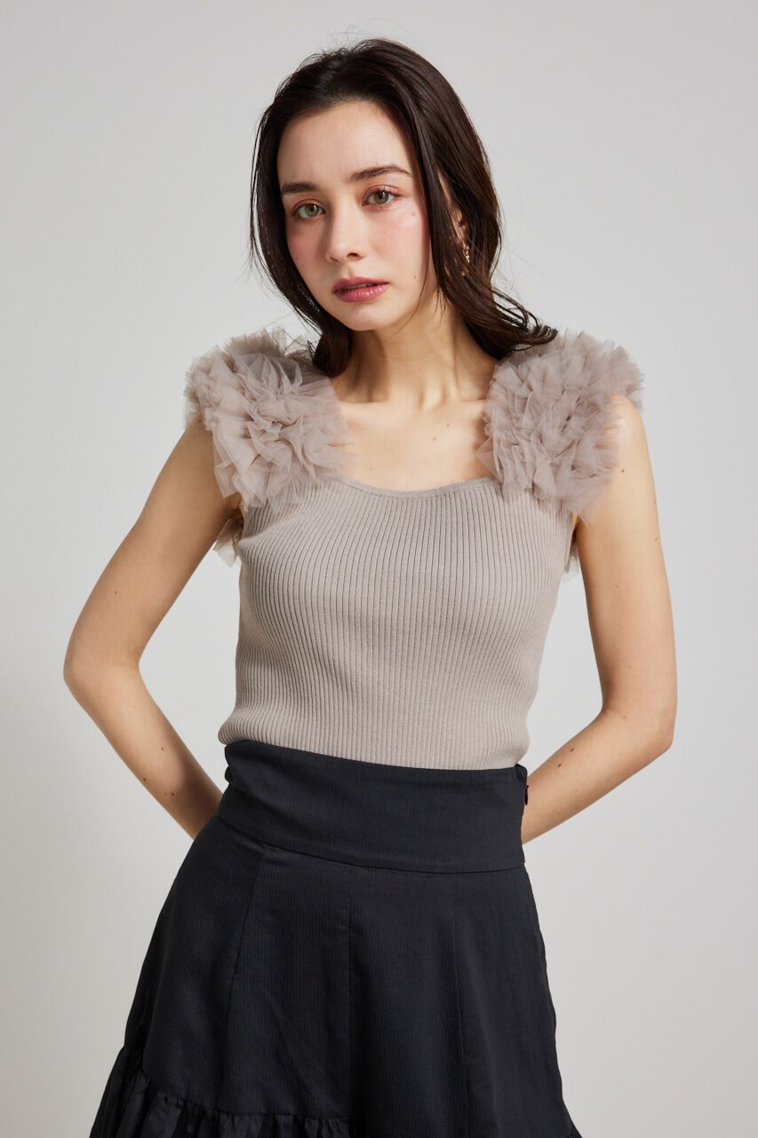 rienda「ショルダーチュールコンビKnit TOP」|タンクトップ|