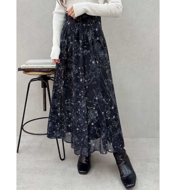 MERCURYDUO「星座モチーフプリントフレアスカート」|スカート|ネイビー
