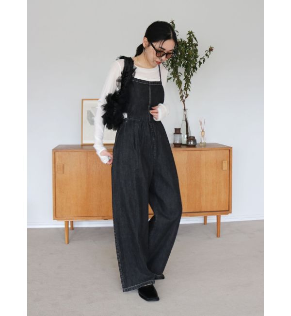 Ungrid「サイドオープンデニムサロペット」|オールインワン|ブラック