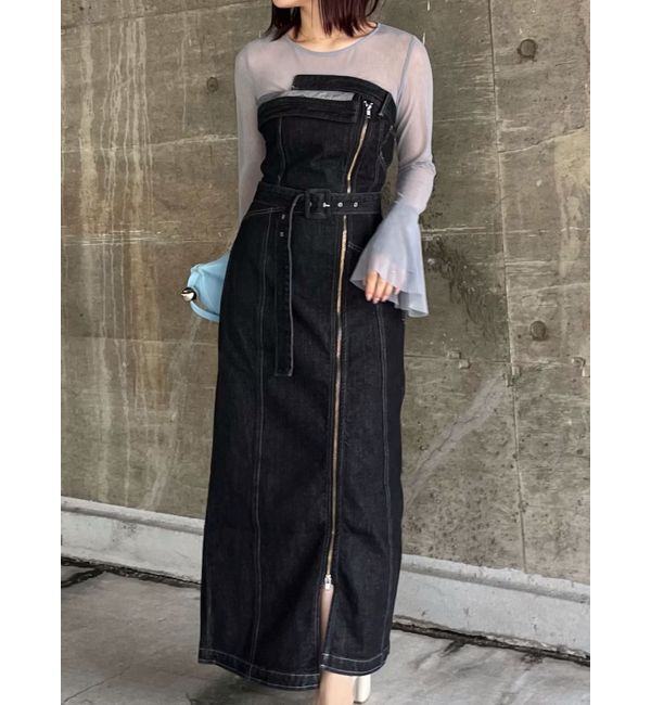 LAGUNAMOON「デニムアシンメトリーZIPベアワンピース」|ワンピース|ブラック