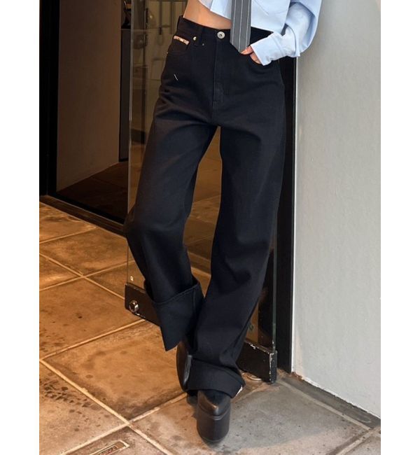 GYDA「H/W GYDIESセルビッチワイドデニムパンツ」|デニム|ブラック